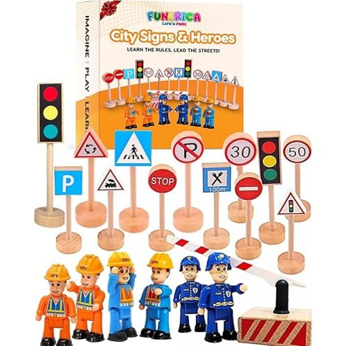 Wooden Traffic Signs & Community Helper Figures Toy Set – Includes Police, City & Construction Workers, Road Signs & Traffic Lights – Works with Train Tracks, Toy Cars, Play Rugs & Mats – Ages 3–10