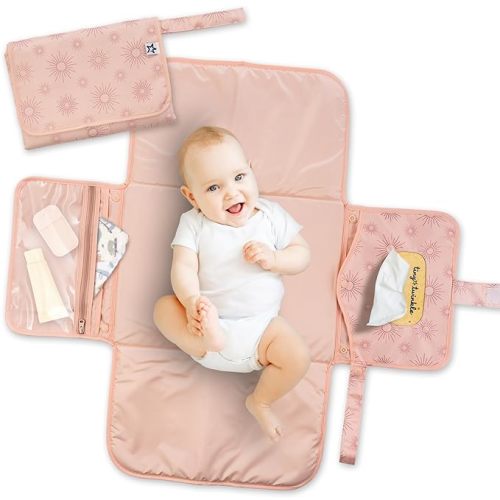 Tiny Twinkle Portable Diaper Changing Pad | Waterproof, Wipeable & Compact Baby Changing Pad for Travel | Smart Wipes Pocket & Organized Storage| Newborn Shower Gift (Shine)