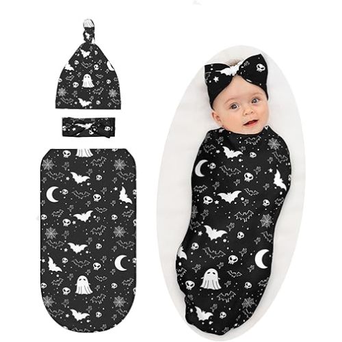 Gothic Halloween Swaddle Blanket with Headband and Beanie Set, Goth Baby Stuff Receving Blanket Infant Shower Gift for Boys Girls