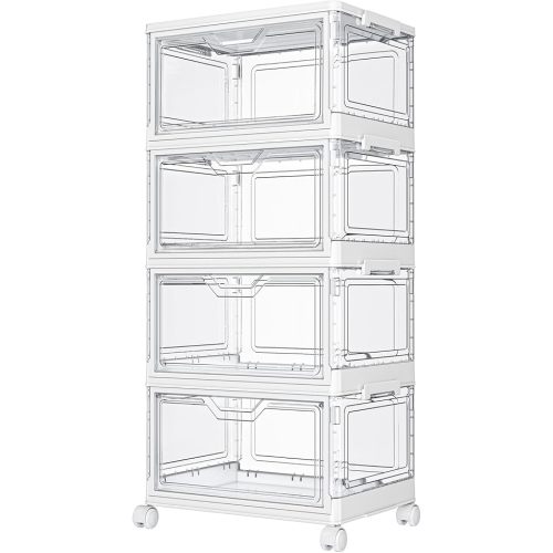 Kmiectse Clear Storage Bins with Lids - 4 Tier Plastic Bins with Wheels, Stackable Storage Bin, Closet Organizers Box for Bedroom, Living Room, 23 QT Folding Box with Magnetic door