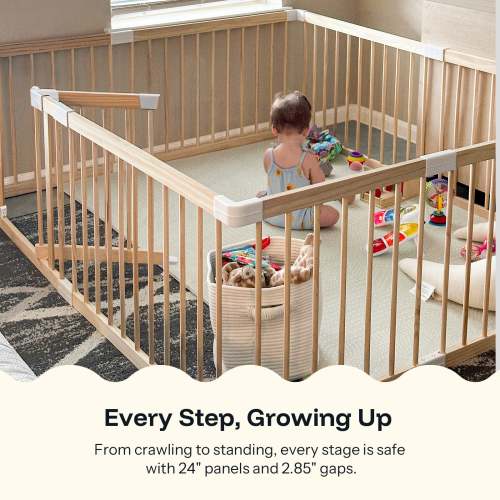 HARPPA Wooden Baby Gate Playpen | Non-Toxic Foldable DIY Adjustable Play Yard for Infants & Toddlers – Natural Finish Baby Fence for Small & Large Spaces