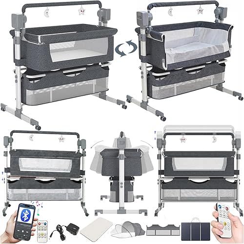Electric Bluetooth Smart Baby Bedside Crib, Bassinet for Co-Sleeping, Infant Bedside Sleeper Cot, Convertible Foldable Baby Crib with Remote Control, Music and 5 Swaying Gears (601 Grey)