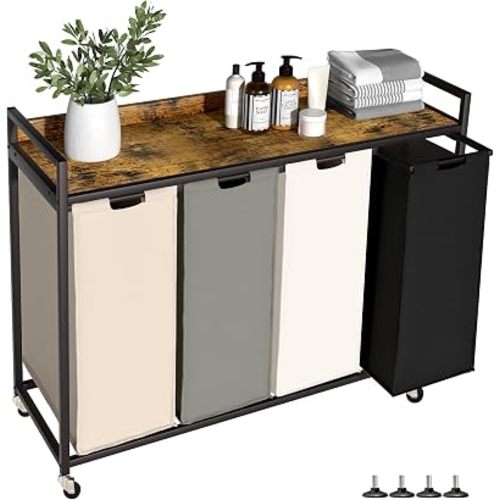 Herture Laundry Hamper with Shelf, Laundry Basket 4 Section, Laundry Sorter with Pull-Out Removable Large 4 Color Bags and Movable Wheels, Metal Frame, 4 x 15.87 Gallons (60L), Rustic Brown PF07XLN