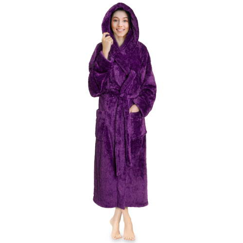 PAVILIA Women Hooded Plush Soft Robe | Fluffy Warm Fleece Sherpa Shaggy Bathrobe (L/XL, Purple)
