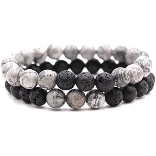 Caiyao 2Pcs Matte Lava Rock Volcanic Stone Beads Stretch Bracelet Stacking Essential Oil Diffuser Tiger Eye Seed Energy Yoga Bracelet for Men Women Couple Stress Relief Healing Aromatherapy Jewelry