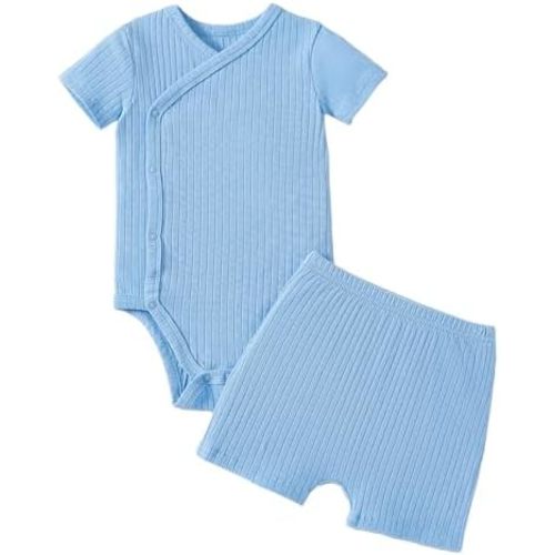 SOBOWO Newborn Boy Girl Clothes Summer Infant Ribbed Set Solid Short Sleeve Baby Side Snap Bodysuit Shorts Coming Home Outfit