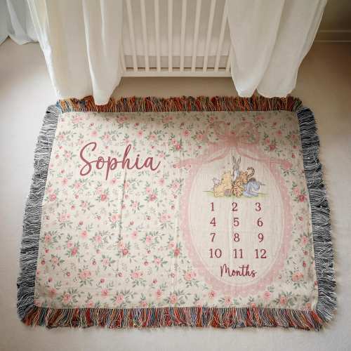 Classic Pooh Milestone Blanket, Personalized Floral Baby Girl Month Blanket, Vintage Nursery Photo Prop, Baby Shower Gifts, Nursery Keepsake