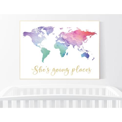 Watercolor World Map Nursery Art: Pink, Purple, Mint, and Gold Poster