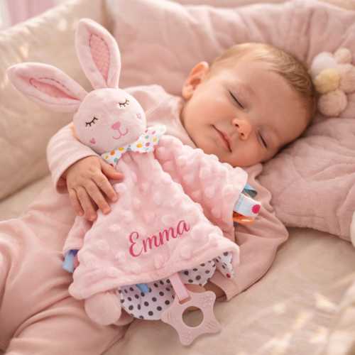 Personalized Baby Lovey Blanket,Custom Embroidered Name, Minky Dot Sensory Security Blanket, Baby Shower Gift, Rabbit Elephant Dino Unicorn