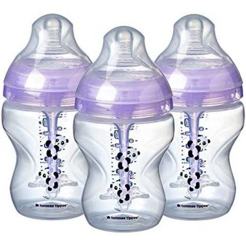 Tommee Tippee Anti-Colic Baby Bottles, Slow Flow Breast-Like Nipple and Unique Anti-Colic Venting System, 9oz, 3 Count, Purple Pandas