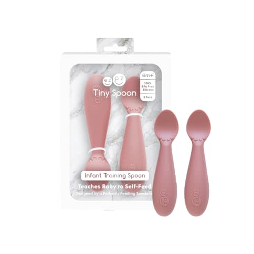 ezpz Tiny Spoon (2 Pack in Blush) - 6 Months+ - Baby Led Weaning Essentials | 100% Silicone Spoon for Baby Led Weaning + Purees - Designed by a Pediatric Feeding Specialist