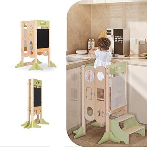 6 in 1 Toddler Tower with Removable Ladder, Foldable Wooden Kitchen Step Stool for Kids, Adjustable Children Helper Tower for Baby, Standing Tower with Safety Equipment and Black Board