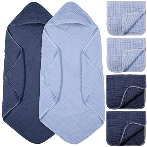 VitalCozy 6 Pcs Baby Muslin Hooded Bath Towels and Washcloths Muslin Cotton Hooded Baby Towels Absorbent Blankets for Gift Newborn Infant Shower (32 x 32 Inch,Dark Blue,Light Blue)