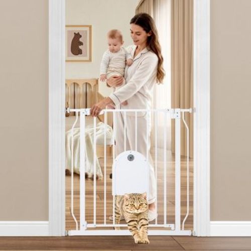 GOTGELIF Baby Safety Gate with Pet Door 29.5" to 33.4" Wide - Auto Close - Pressure Mount - Cat Door