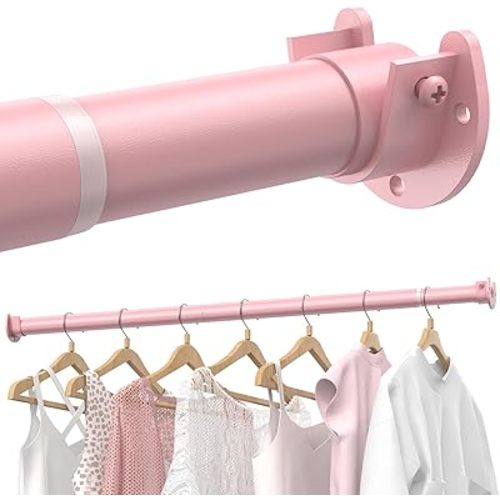 Closet Rods for Hanging Clothes, 17 to 84 Inches Stepless Adjustable Metal Closet Rod, 1.3 Inches Heavy Duty Clothes Hanging Rod for Closet Wardrobes Laundry RV, Pink