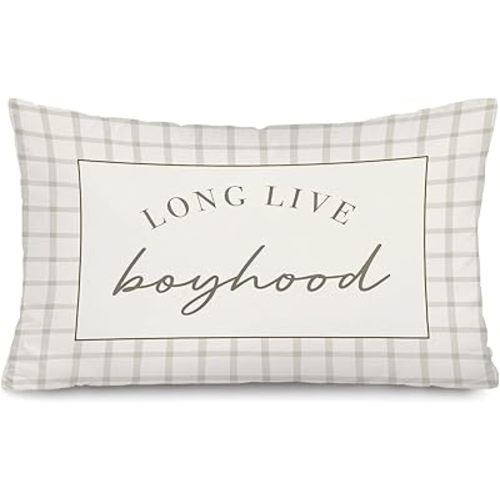 Long Live Boyhood Boy Nursery Decor 12x20 Pillow Cover, Retro Neutral Gingham Checkered Decorative Throw Pillow Covers Pillowcases Decorations for Kids Nursery Room Playroom Decor