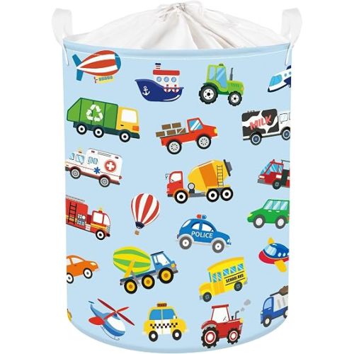 Clastyle Large Construction Truck Kid Laundry Hamper with Handle Boy Bedroom Bathroom Nursery Collapsible Clothes Toy Storage Basket with Lid, Blue, 36x45 cm