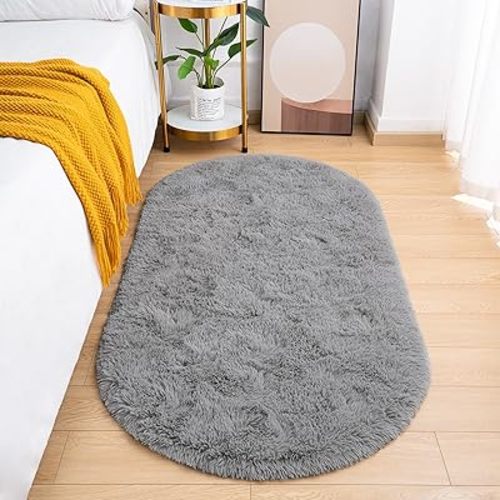 Fluffy Bedroom Rug, Small Oval Area Rugs, Gray Shag Bedside Carpet for Kids Room Nursery Dorm Cute Fuzzy Indoor Decor for Boy and Girl, 2.6 x 5.3 Feet