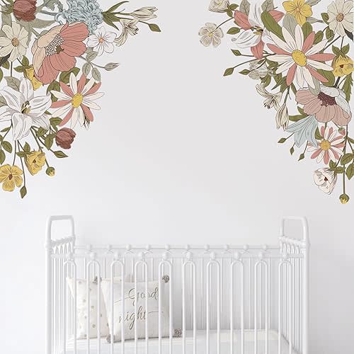 Large Pink Flowers Wall Decals, Colorful Floral Botanic Wall Stickers, Spring Peel and Stick Wallpaper for Girls Bedroom Nursery Classroom Living Room Wall Decor