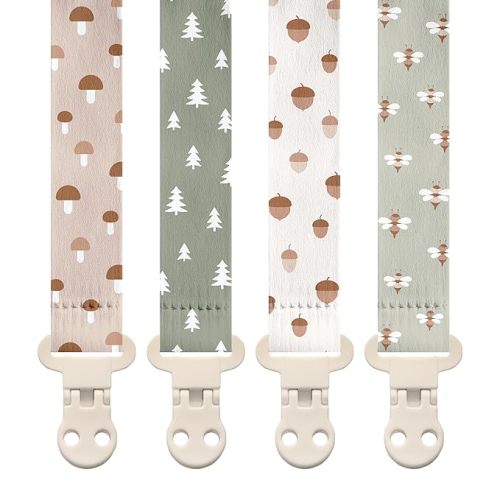 Stadela Baby Pacifier Clip Holder - Girl or Boy Unisex 4 Pack Gift Set – Woodland Mushrooms Bees Neutral Green Beige (Forest)