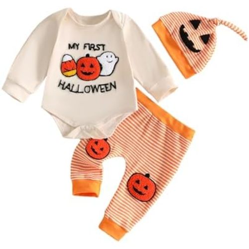 Baby Boy My First Halloween Outfits Pumpkin Ghost Embroidery Long Sleeve Romper Elastic Waist Pants and Hat