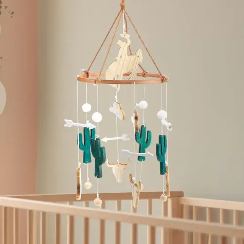Western Cowboy Baby Mobile for Crib Boho Ceiling Nursery Mobile Wood Wind Chime Hanging Cactus Horse Hat Western Nursery Bassinet Decoration for Room Decor Photography Prop Newborn Gift