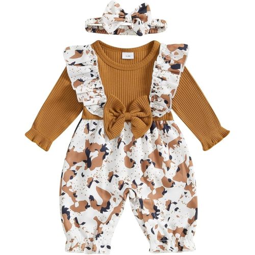 Western Baby Girl Clothes Cow Print Romper Bow Patchwork Jumpsuit Long Sleeve Ruffle Bodysuit Infant Cowgirl Outfit