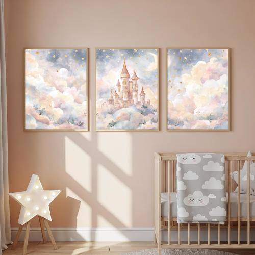 Fairytale Castle Nursery Wall Art Set of 3 Posters, Pastel Clouds & Stars Triptych Prints, Princess Kids Room Decor, Baby Girl Artwork