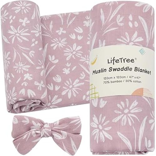 LifeTree Baby Swaddle Blanket and Bow Set, Mauve Floral Muslin Newborn Swaddle Set with Matching Headband Bow, Infant Receiving Blanket Wrap, 47 x 47 inches, 70% Viscose from Bamboo and 30% Cotton