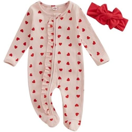 Newborn Baby Girl Footie Waffle Knit Romper Zippers Ruffle Jumpsuit Fall Winter Clothes