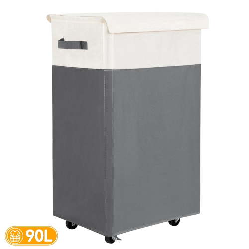 BGTREND Laundry Hamper with Lid and Wheels 90L Collapsible Rolling Clothes Basket Gray