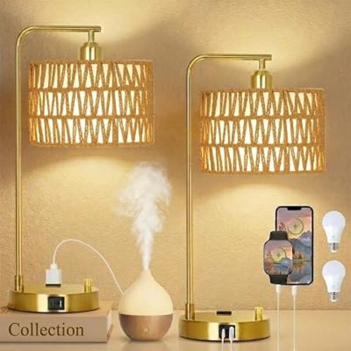 Gold Boho Lamps Set of 2 with USB Charging Ports and AC Outlet