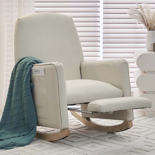 Rocking Chair Nursery Glider Chair with Adjustable FootRest, Nursery Rocking Chairs with Wood Legs Side Pocket, Cotton Linen High Back Nursing Chair, for Living Room, Bedroom, Cozy Reading, Beige