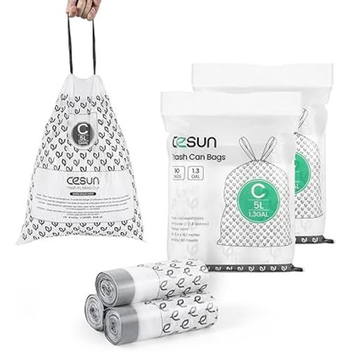 Cesun Code C Drawstring Trash Bags 90 Count, Pre Cut 1.3 Gallon / 5 Liter Small Trash Can Liners, White