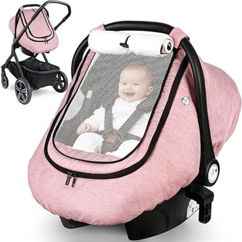 Rquite Car Seat Cover Baby, Winter Carseat Covers Boy Girl, Waterproof Infant Car Seat Cover Warm Car Seat Canopy for Cold Weather, Windproof Baby Carrier/Stroller Cover with 2 Layers Windows, Pink