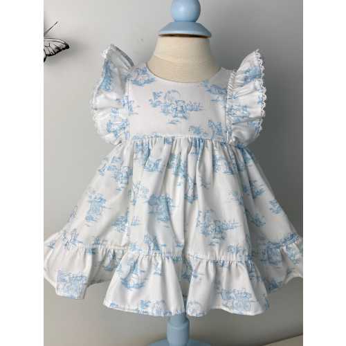 Handmade Baby Girl Dress Set: Blue Teddy Bear Toile Dress and Bloomer