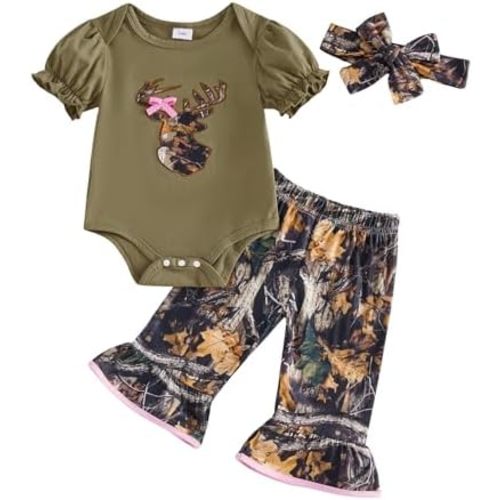 Newborn Baby Girl Hunting Clothes Deer Puff Short Sleeve Romper Jungle Camo Flare Pants Set 3 Piece Summer Outfit