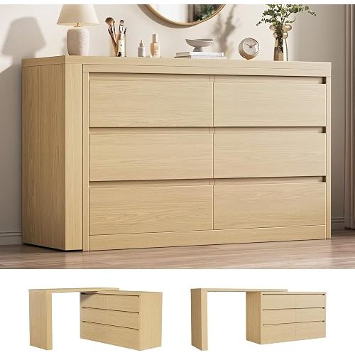 Jocoevol 6 Drawer Double Dresser for Bedroom, L Shaped Modern Simply Chest of Drawers, Wood Storage Corner Dresser with Anti-Tipping for Living Room Entryway Home Office, Natural Oak
