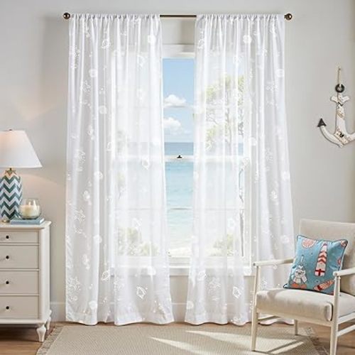 jinchan White Sheer Curtains for Living Room Bedroom Coastal Nursery Curtains 84 Inch Long Beach House Voile Transparent Seashell Seahorse Printed Window Treatments Set Rod Pocket 2 Panels