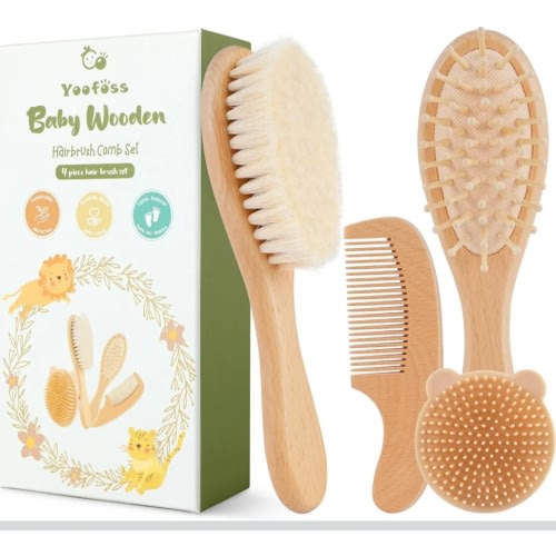 Yoofoss 4 Piece Baby Brush and Comb Set, Wooden Baby Brush with Natural Ultra Soft Goat Hair, Baby Hair Brush for Newborn, Baby Brush Set for Boy Girl
