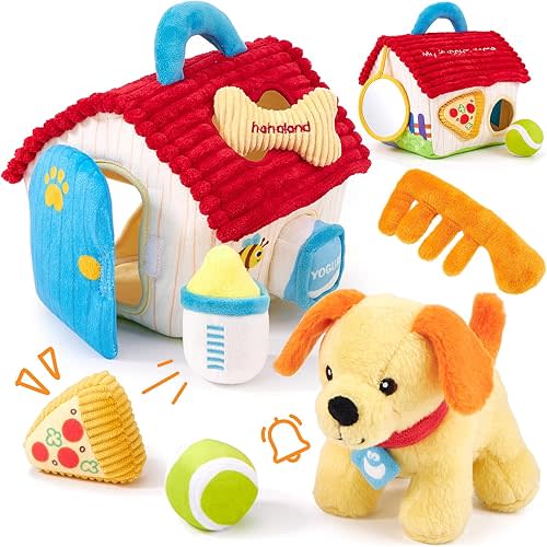 hahaland Baby Toys 6-12 Months – Montessori Plush Puppy Sensory Toy Set with Rattle, Crinkle, Mirror, Shape Sorter – Early Learning Interactive Toys Gift for Infants and Toddlers 1 2 3