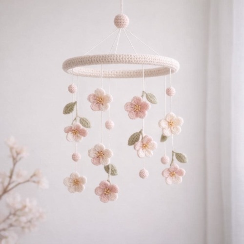 Delicate Cherry Blossom Crochet Mobile | Sakura Bloom Nursery Art for Serene Baby Room