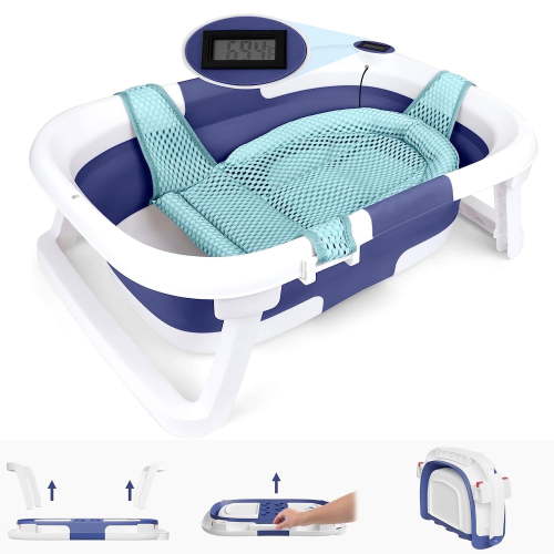 Prociv Foldable Baby Bathtub for Infants to Toddler,Portable Travel Bathtub Multifunctional Bathtub with Drain Hole, Baby Bathtub for Newborn 0-36 Month Gray (with Net)