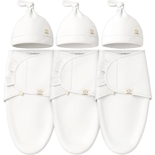 KeaBabies 3-Pack Swaddles for Newborns, Girls, Boys with Hats - Organic Soft Baby Sleep Sacks, Breathable Baby Swaddle 3-6 Months Beanies Set, Premie Infant Sleep Sack 0-3 Months (Soft White)