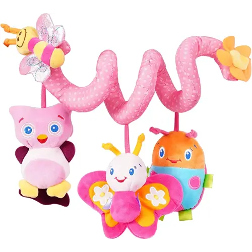Jollybaby Crib Stroller Car Seat Toys for Baby 0-3-6-9-12 Months, Tummy Time Hanging Sensory Toys for Newborn with Music Box and Teether, Spiral Carseat Toy for Infant Boys Girls Gifts (13-Pink)