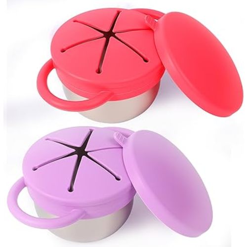 2 Pack Stainless Steel Baby Snack Cups for Toddlers Kids with Silicone Food Catcher, Travel Lid, Spill-Proof Containers, Toddlers Essentials