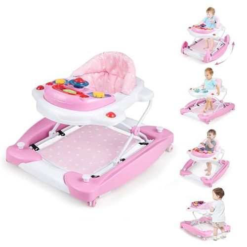 BABY JOY 6-in-1 Baby Walker, Foldable Baby Walker with Wheels, Adjustable Height, Music, Lights, Bouncer & Rocker Mode, Baby Walkers for Boys Girls 6-14 Months (Pink)