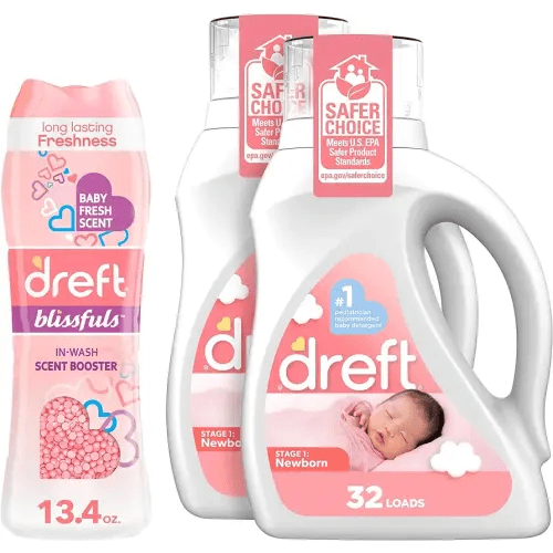 Bundle of Dreft Stage 1: Newborn Hypoallergenic Baby Laundry Detergent Liquid Soap, 46 Fl Oz, (Pack of 2) + Dreft Blissfuls In-Wash Scent Booster Beads, Baby Fresh, 13.4 oz