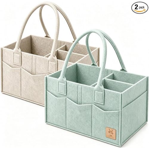 HIPHOP PANDA 2-Pack Diaper Caddy Organizer - Nursery Storage Bin & Car Organizer for Diapers, Wipes, and Baby Essentials - Dual-Color Solid Set (Green/Oatmeal), Regular Size