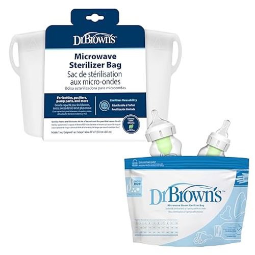 Dr. Brown's Reusable Silicone & Disposable Plastic Microwave Steam Sterilizer Bags for Baby Bottles, Breast Pump Parts & Pacifiers - 5-Pack
